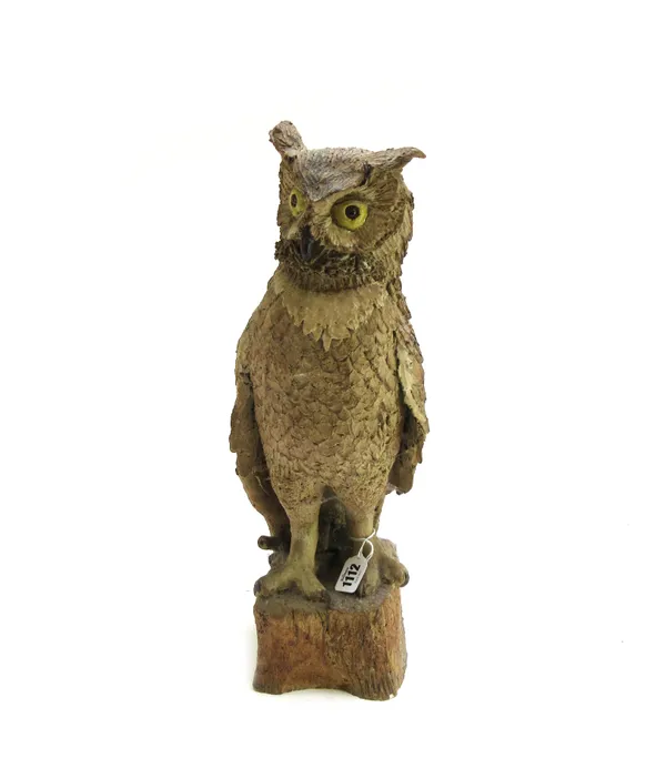 Catharni Stern; a stoneware owl, mounted atop a tree stump incised to the rear 'Eagle Owl', CATHARNI STERN, 46cm high.