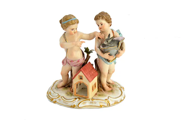 A Meissen porcelain figure group, after an original by Christopher Gottleib Juchtzer, 19th century, modelled as putti beside a rabbit hutch, one with