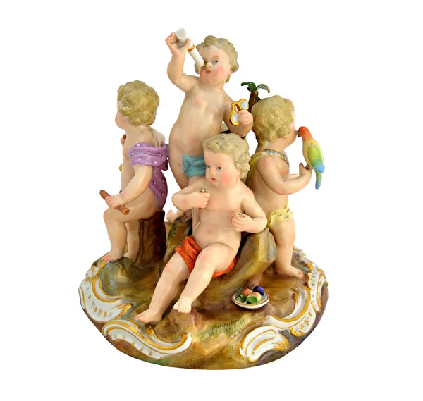 A Meissen porcelain figural group emblematic of the five senses, late 19th century, modelled as five putti around a tree stump with various attributes