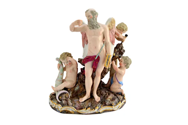 A Meissen porcelain figure group, late 19th century, modelled with Father Time and attendants, on a naturalistic gilt C scroll base, underglaze blue c