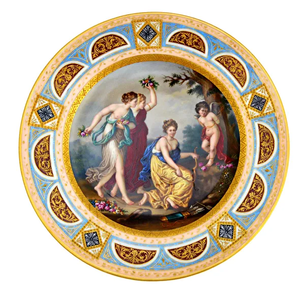 A Vienna style porcelain cabinet plate, early 20th century, 'Grazien Rache', hand painted with Cupid and attendants within a turquoise, burgundy and s