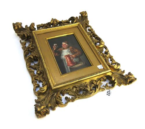 A German porcelain rectangular plaque, early 20th century, painted after Eduard von Grutzner, with a monk enjoying a glass of beer, inscription to rev