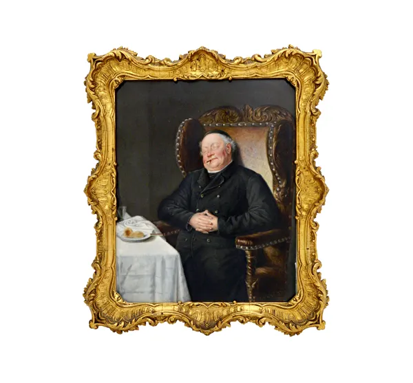 A Berlin porcelain rectangular plaque, late 19th century, painted with a monk seated asleep at a table, impressed KPM and sceptre mark, 25.5cm. by 21c