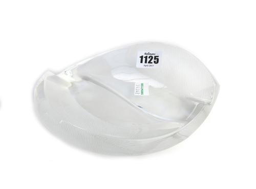 A modern Lalique clear and frosted glass dish of naturalistic leaf form, signed 'Lalique France', (19cm wide) and a Lalique style foliate moulded pin