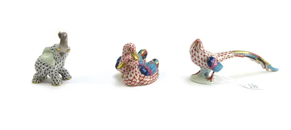 A Herend porcelain duck group decorated in a gilt Imari pattern, 11cm wide, a similarly decorated exotic bird, 22cm wide, and a Herend porcelain eleph