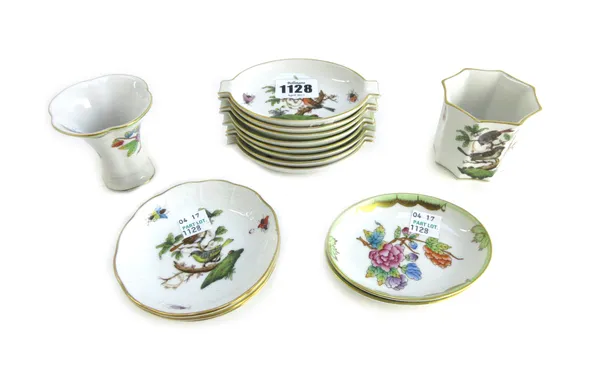 A set of eight Herend porcelain oval ashtrays decorated with wild birds and insects, 11.5cm wide, three similarly decorated circular dishes, 9.3cm dia