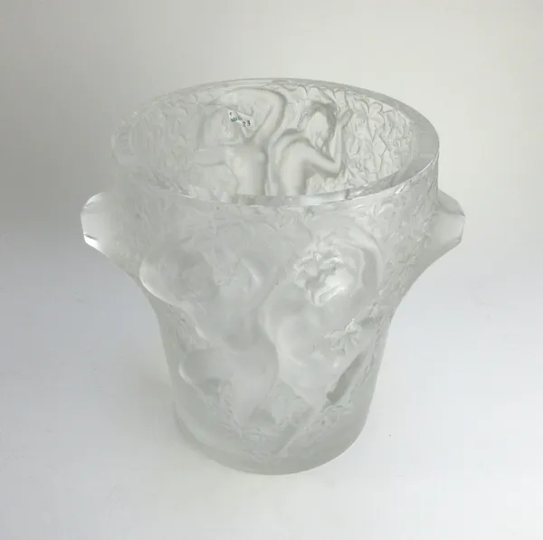 A modern Lalique Bacchante style clear and frosted glass vase, moulded with naked sirens flanked by two tapering square handles, signed 'Lalique Franc