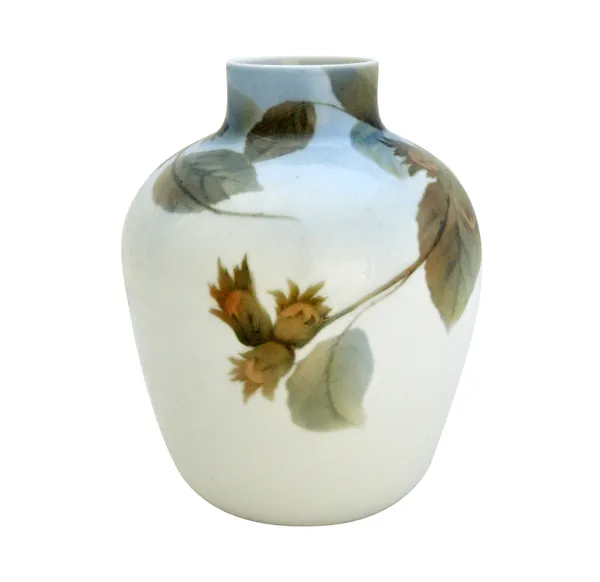 A Russian Imperial Porcelain factory vase, St.Petersburg,1909, of ovoid form with short neck, the upper body painted with hazel tree branches, green p