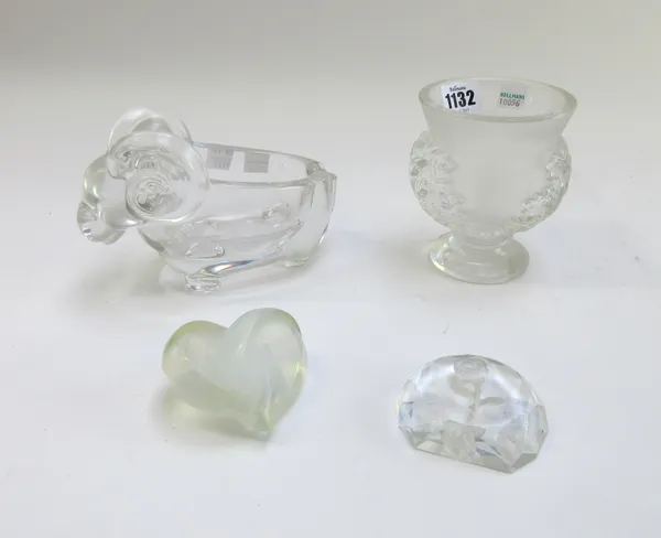 A Lalique clear and frosted crystal vase moulded with foliage, on a circular foot, signed 'Lalique France', 11.5cm high, together with a Lalique opale