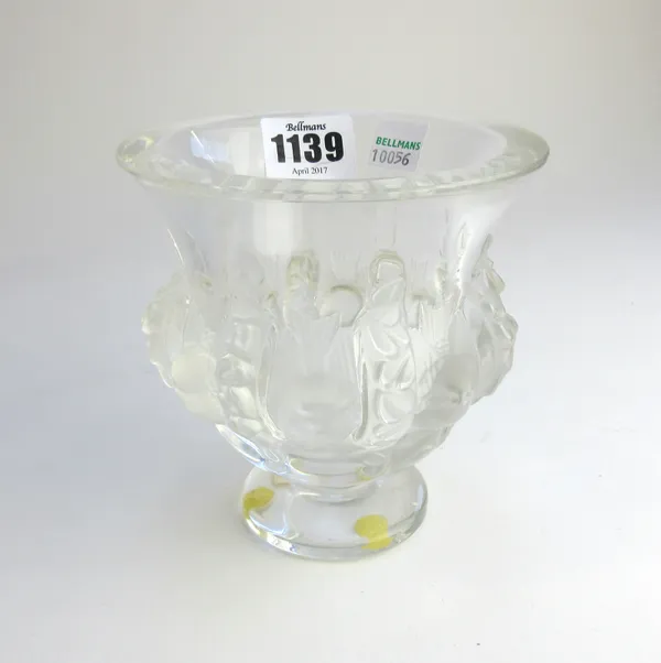 A Lalique 'Dampierre' footed glass vase moulded with a band of frosted birds, etched 'Lalique France', 12.5cm high.