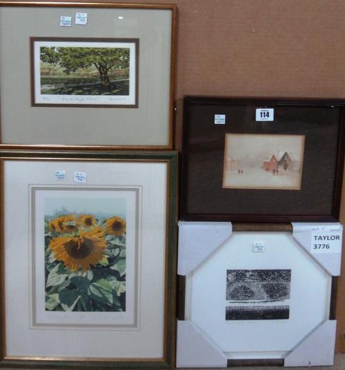 W. J. Burrough (early 20th century), Village under snow, watercolour, together with three modern prints, including 'Mid-day Heat' by Richard Wardle; P