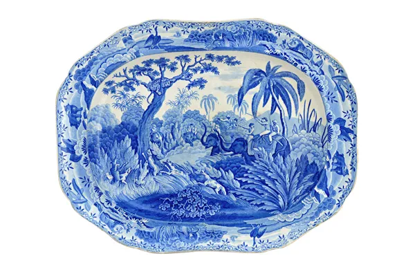A Spode blue and white pottery meat plate, circa 1820, 'Shooting a Leopard', from the 'Indian Sporting Series', titled to rear, impressed SPODE mark,