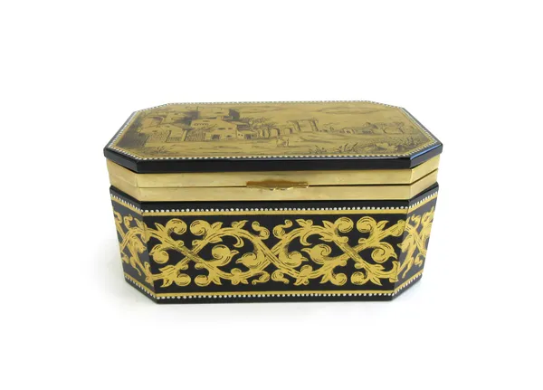 A Murano glass casket of canted rectangular form, 20th century, gilt decorated to the hinged lid with a landscape scene and with a gilt foliate band t