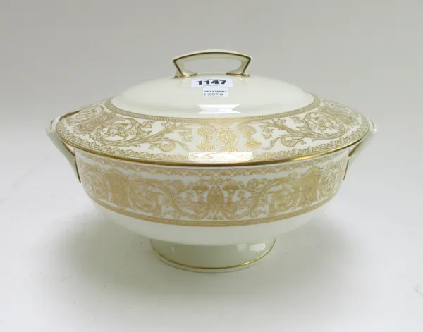 A Royal Worcester part dinner and tea service decorated in the 'Embassy' pattern, comprising; a two handled tureen and cover on pedestal foot (29cm wi