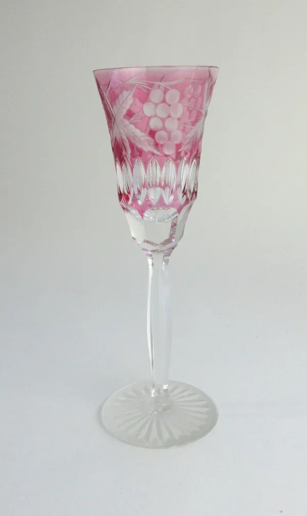 A part suite of crystal stemware, comprising; six water glasses (19.8cm high), seven red wine glasses, six white wine glasses, five sherry glasses, ei