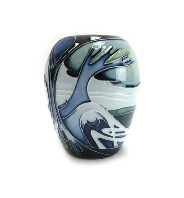 A Moorcroft pottery vase, circa 2005, tube line decorated with a stylised seascape in tones of blues and greens, impressed and painted marks, 9.5cm hi