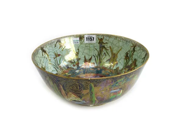 A Wedgwood fairyland lustre bowl by Daisy Makeig Jones,  1920's, decorated with Woodland Elves III, feather hat interior, gilt and painted marks, (dam