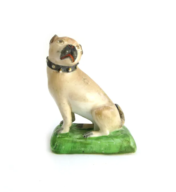 A Derby porcelain pug dog, late 18th century, modelled seated atop a green rectangular cushion base (a.f), 9cm high.