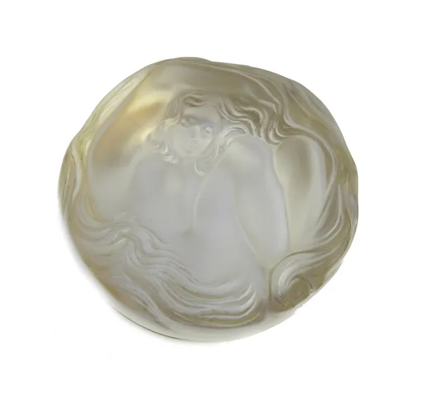 A Lalique clear and frosted glass circular box and hinged cover, 20th century, the lid relief moulded with a naked siren, etched 'Lalique France', 8cm