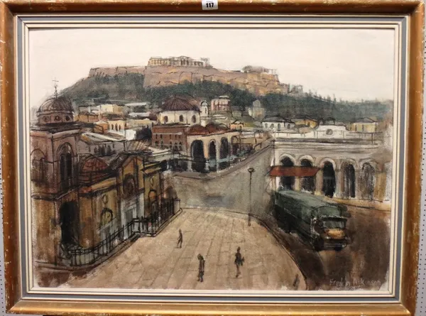 Frederick M. Atkinson (d.2014), Athens, near Monastiraki Square, acrylic on board, signed; inscribed and dated '79 on reverse, 54cm x 75cm. C10