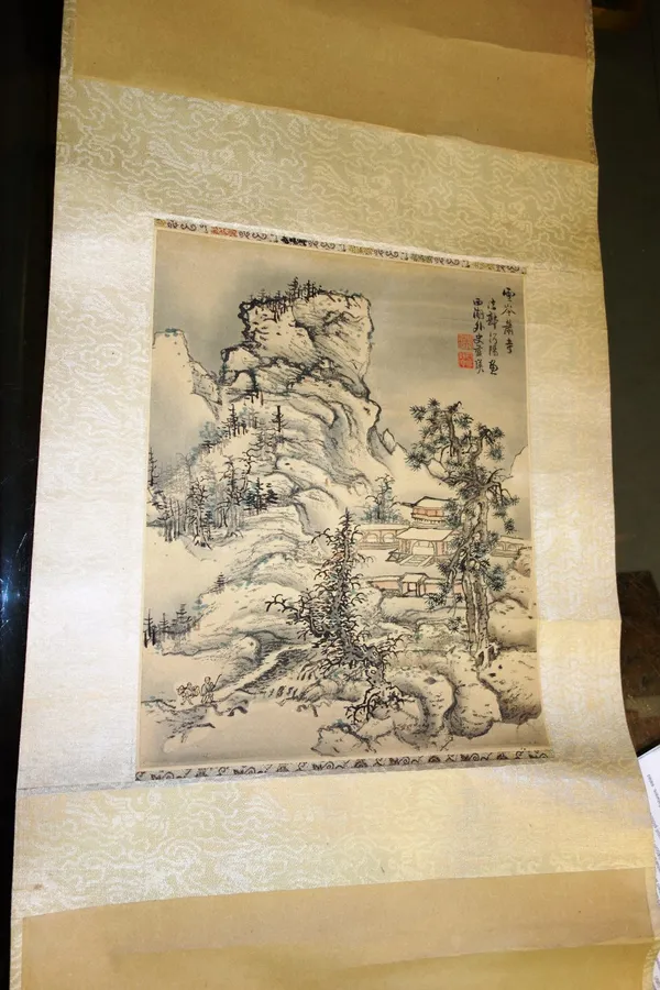 Two Chinese hanging scroll pictures, each depicting a landscape.   CAB