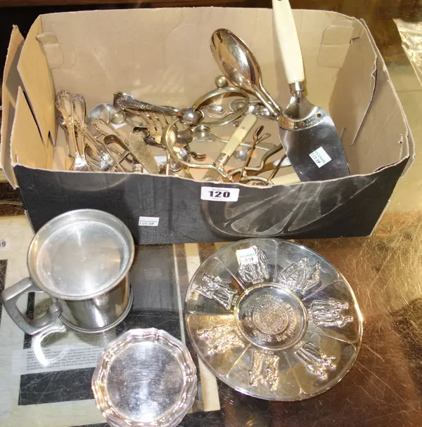 A quantity of silver plate, including flatware, salad tongs, a bowl, a mug and sundry, (qty).  CAB