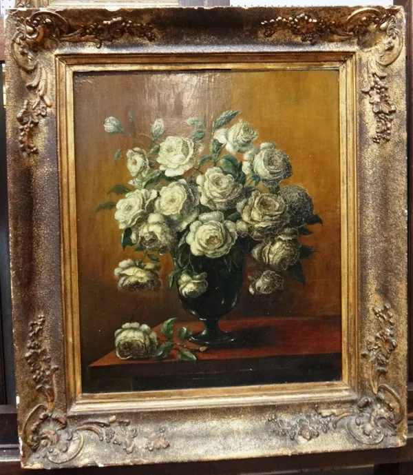 English School (19th century), Still life of white roses in a vase, oil on board, 43cm x 36cm. D10