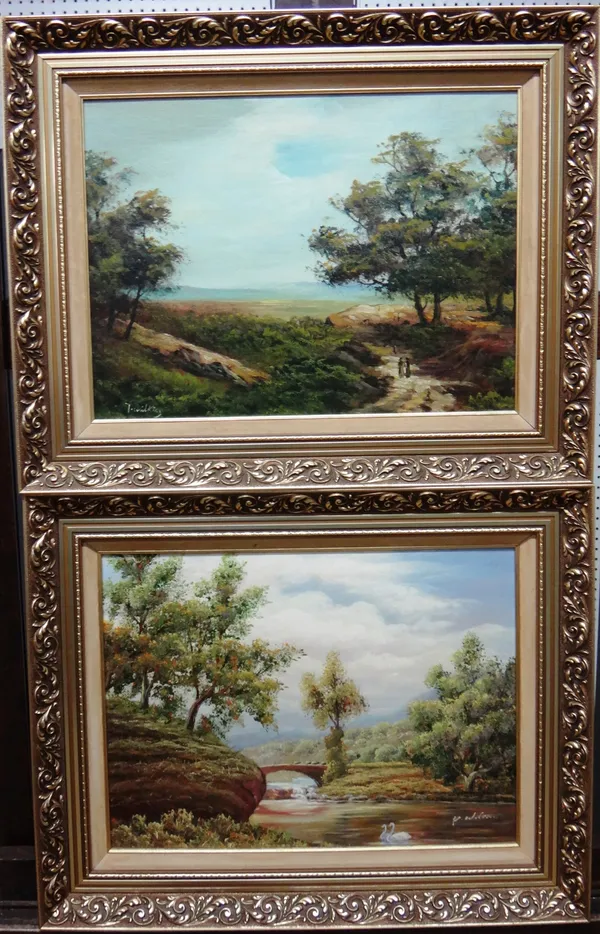 T. Wilkins (late 20th century), Landscape; River landscape, a pair, oil on canvas board, both signed, each 29cm x 39cm.(2) D10
