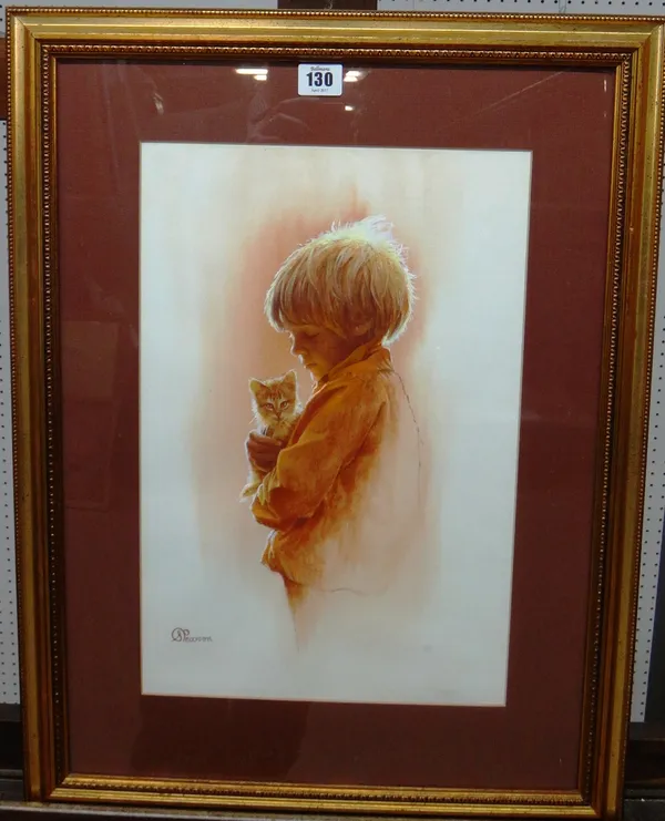 S. Pearson (20th century), Boy with a kitten, watercolour, signed, 43cm x 28cm. D10