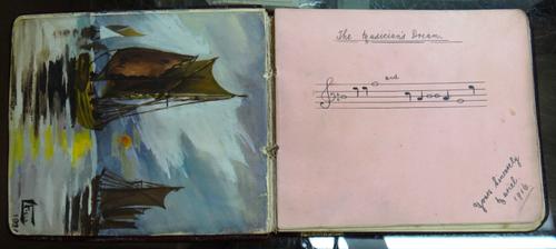 AUTOGRAPH ALBUMS - 5 leatherbound with coloured & other sketches, postcards & verse - both topographical & humour; (ca. 1910-1939) sold with 3 clothbo