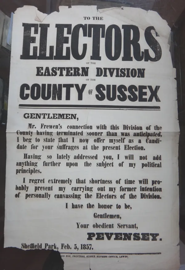 SUSSEX PARLIAMENTARY ELECTION - Eastern Division, 1847, handbill for Viscount Cantilupe (Buckhurst Park, April 8th, 1847), heading & 35 lines, 45 x 29