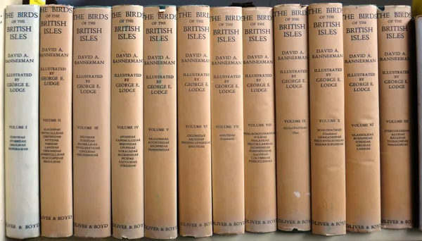 BANNERMAN (D.A.)  The Birds of the British Isles.  First Edition, 12 vols. many coloured plates (by George Lodge), with captioned guards; d/wrappers (