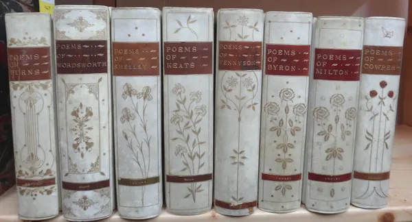 BINDINGS - vellum backed cloth poets, 8 vols.; gilt-decorated floral 'art nouveau' spines, with 2 labels. Oxford Edition, 1896 -.  *  includes Keats,