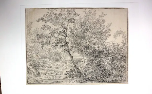 Attributed to Herman van Swaneveldt (1600-1655), Wooded landscape with figures, pencil, unframed, 22.5cm x 30cm.