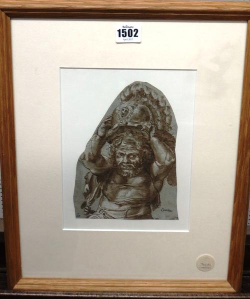 After Guilio Romano, A dwarf, pen, ink and sepia wash, inscribed Ceccino, 19cm x 14cm.