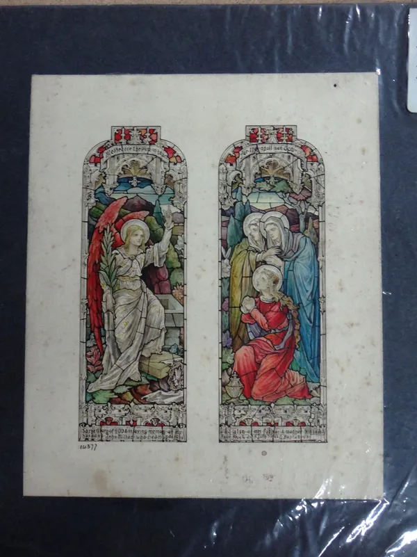 Heaton, Butler & Bayne, Three stained glass designs, pen, ink and watercolour, embossed, all unframed, the largest 30cm x 17.5cm.(3)