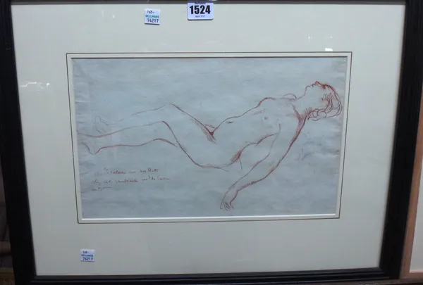 French School (19th century), Reclining nude, red chalk, indistinctly inscribed, 21cm x 34cm.