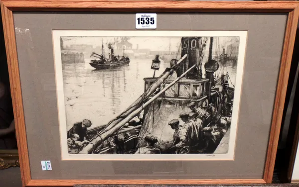 Charles William Cain (1893-1962), A tug with crew on deck, etching, signed, 20.5cm x 27cm. DDS