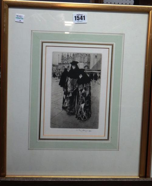 Wilfred Fairclough (1907-1996), Venice Carnival masks; Venice Carnival - nozze; Venice Carnival - make-up; Venice in the rain, four etchings,. all sig