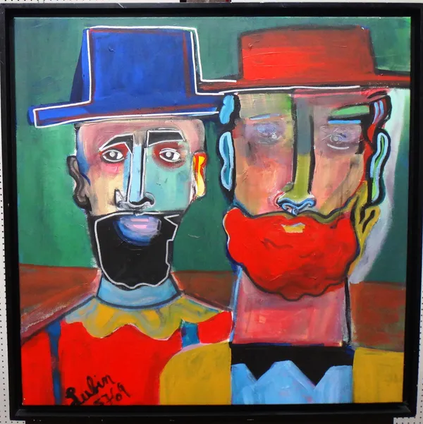 Noah Lubin (b.1979), Two men in hats, acrylic on canvas, signed, 69cm x 69cm. DDS