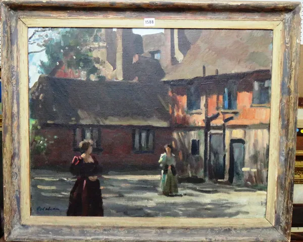 Colin Colahan (1897-1987), Figures in a courtyard, oil on canvas, signed, inscribed on reverse, 60cm x 76cm. DDS