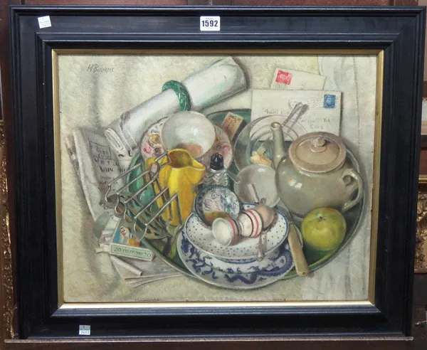 K. H. Bourne (20th century), Breakfast in bed; Still life with breakfast china, two, oil on canvas, both signed, one inscribed on label on reverse, th