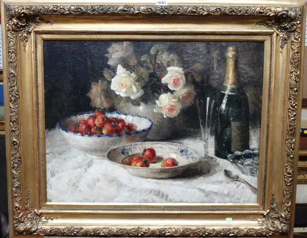 K Marcolman? (Early 20th Century), Still life of roses, strawberries and champagne, oil on canvas, indistinctly signed, 48cm x 66cm.