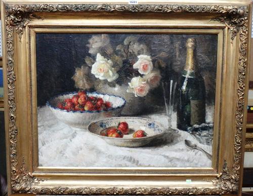 K Marcolman? (Early 20th Century), Still life of roses, strawberries and champagne, oil on canvas, indistinctly signed, 48cm x 66cm.