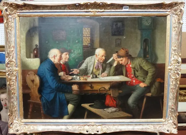 Josef Wagner Hohenberg (1870-1938), Settling the accounts, oil on canvas, indistinctly signed, 64cm x 89cm.