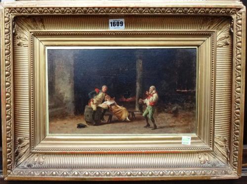 Camillo Innocenti (1871-1961), Soldier, serving maid and storyteller, oil on panel, possibly over a printed base, signed, 17.5cm x 30.5cm.  DDS