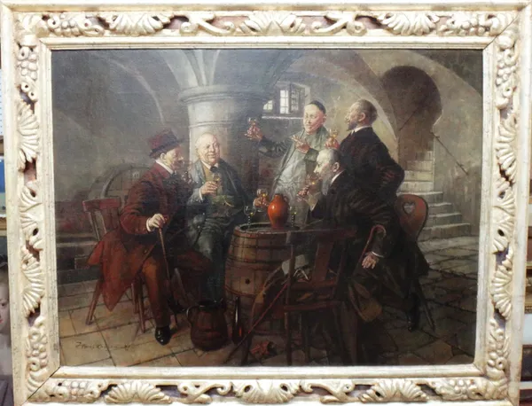 Hans Lassen (1857-1938), Conversation in the wine cellar, oil on canvas, signed and dated '20, 59cm x 79cm.