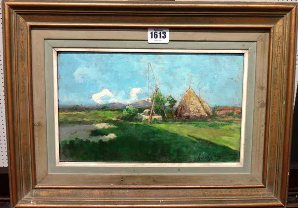 Adolfo Tommasi (1851-1933), On the outskirts of a farmstead, oil on board, signed, 17cm x 28cm.   Illustrated