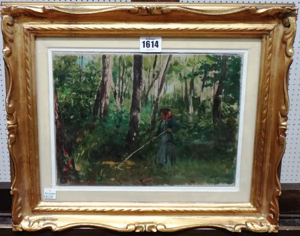 Tito Conti (1842-1924), A peasant working in the woods, oil on canvas, signed, 20cm x 27.5cm.   Illustrated