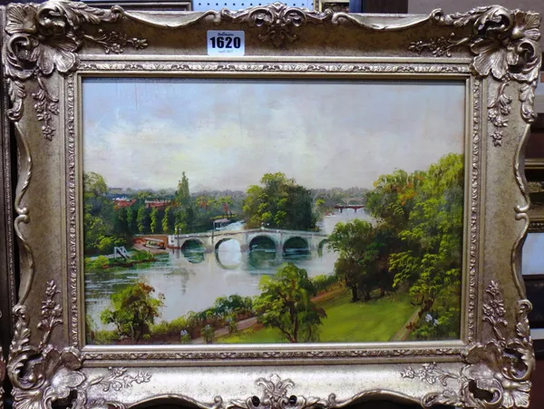 James Isaiah Lewis, (1861-1934), Richmond Bridge; The Thames from the Star and Garter home, Richmond, a pair, oil on board, one signed, each 23cm x 33